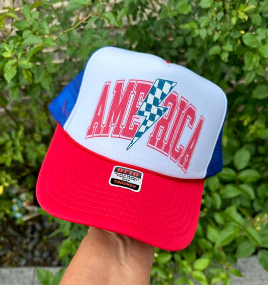 America Bolt DTF Printed Blue/Red/White Trucker Hat