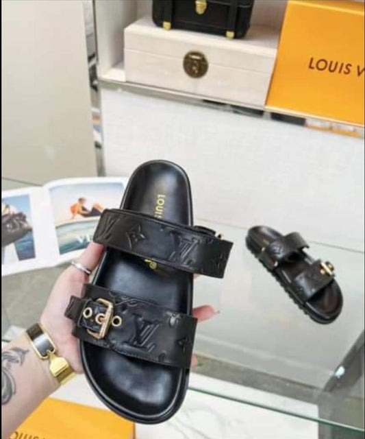 Black Leather Double Strap Boujee Sandals